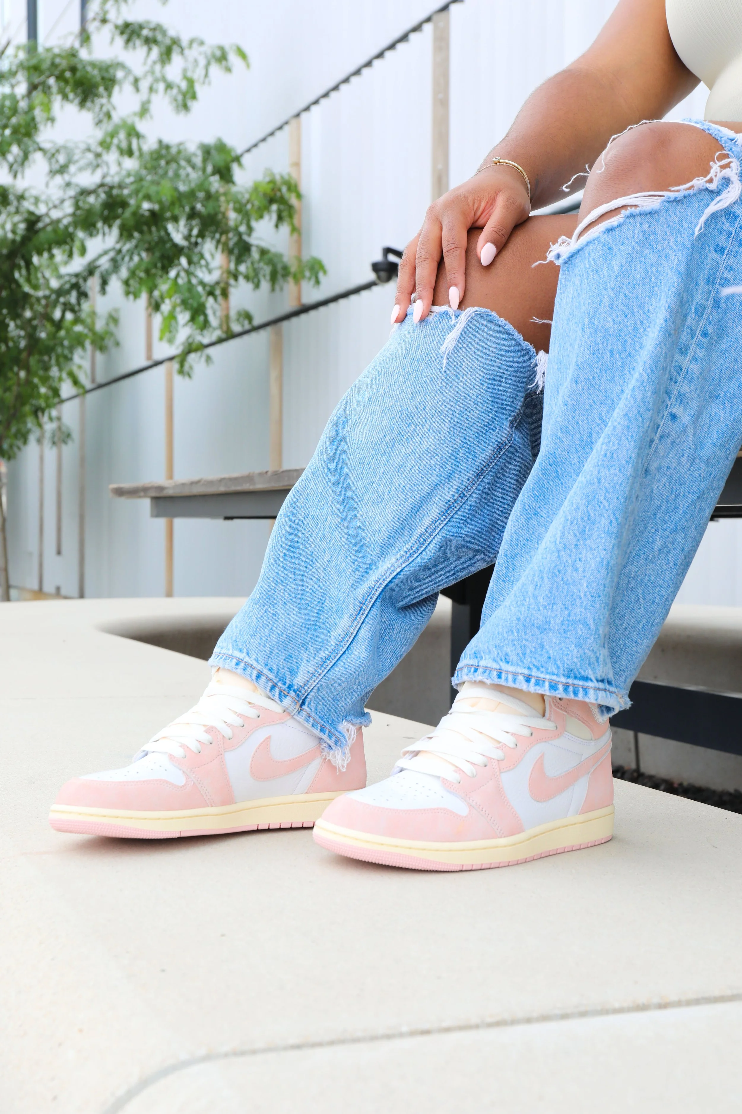 Pink Jordan Sneakers x Distressed Denim Jasmine Diane
